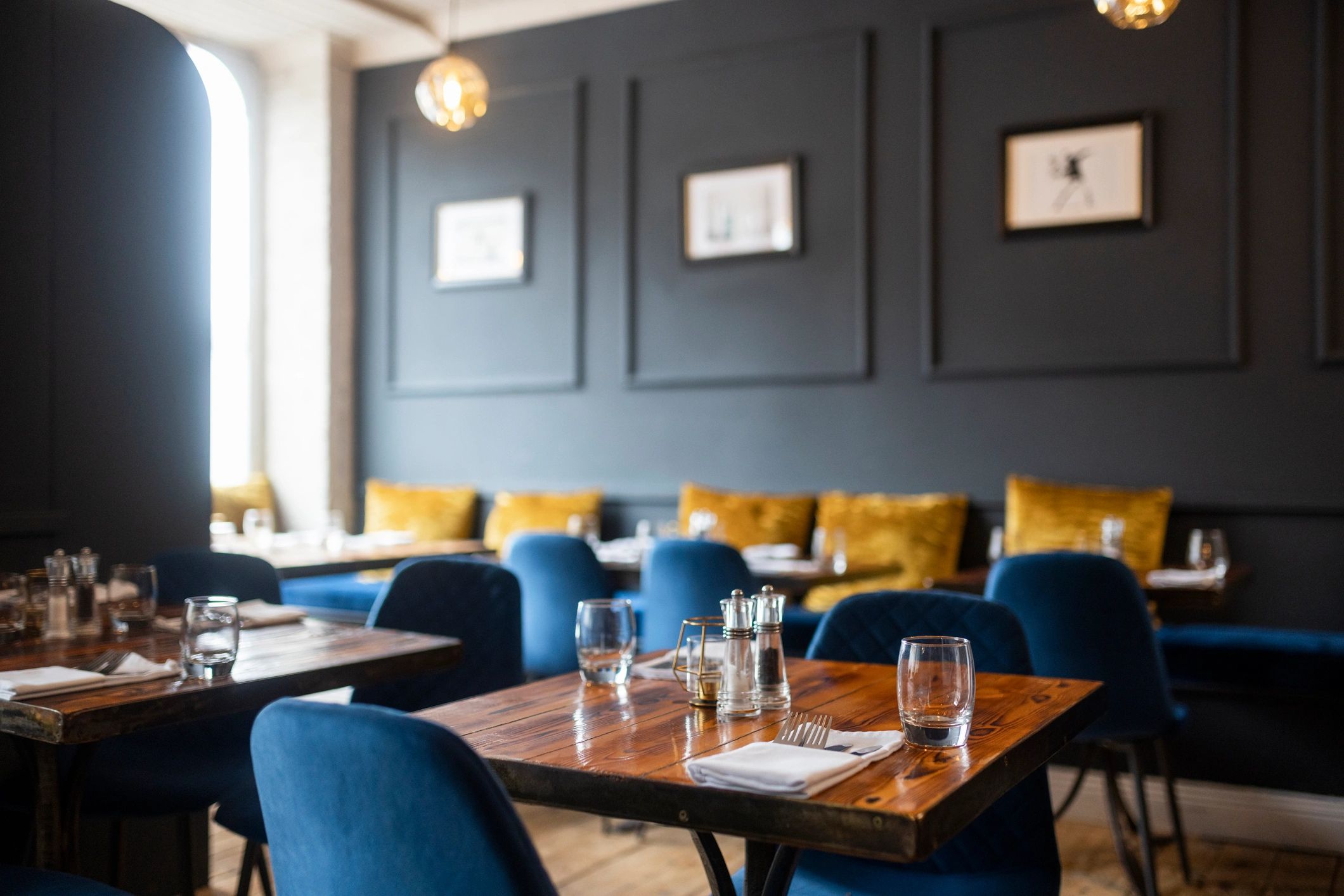 Prepared restaurant tables in a casual dining space